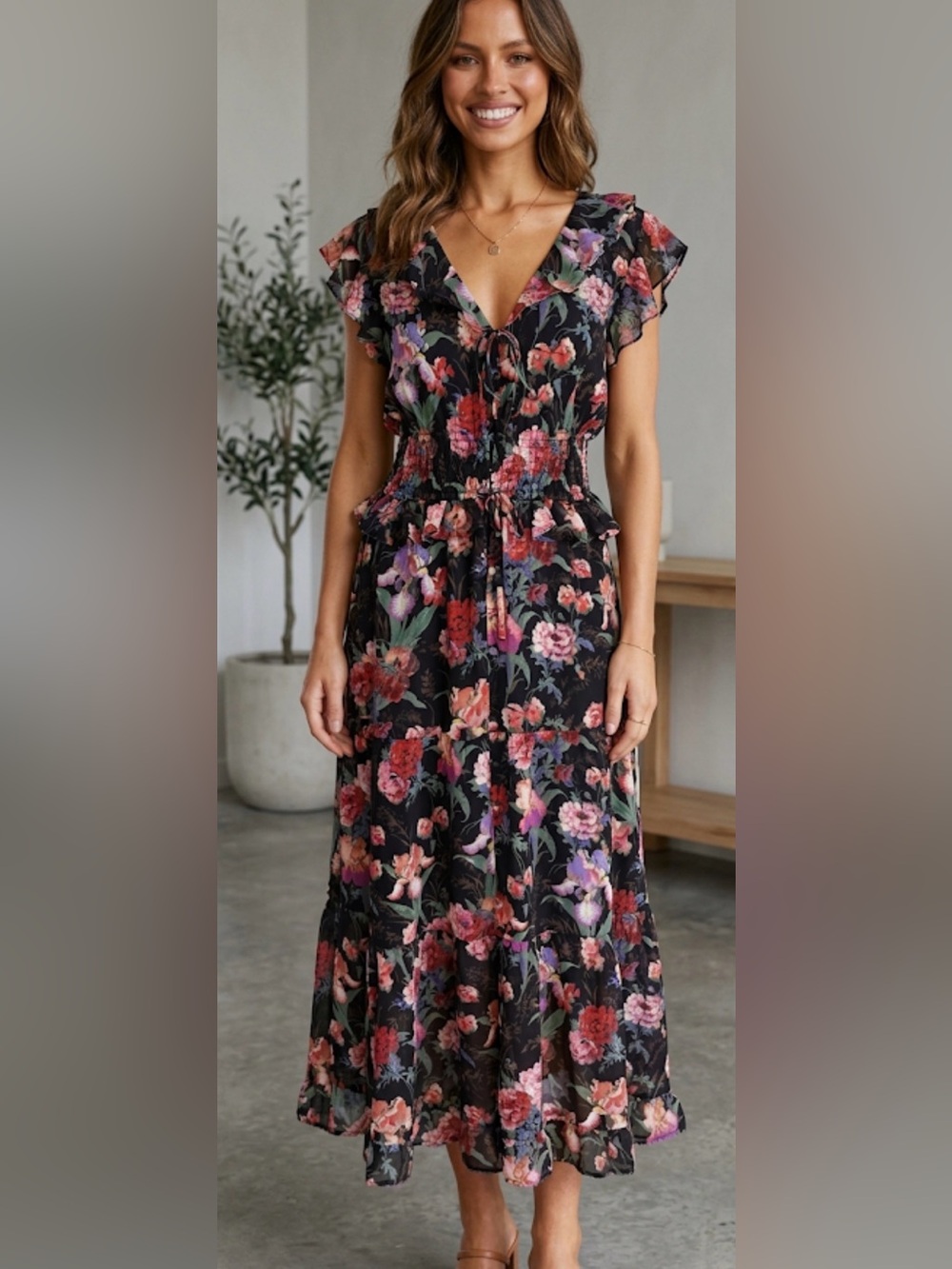 PAIGE Black Floral 100% silk  Dress with Ruffle Sleeves baby doll